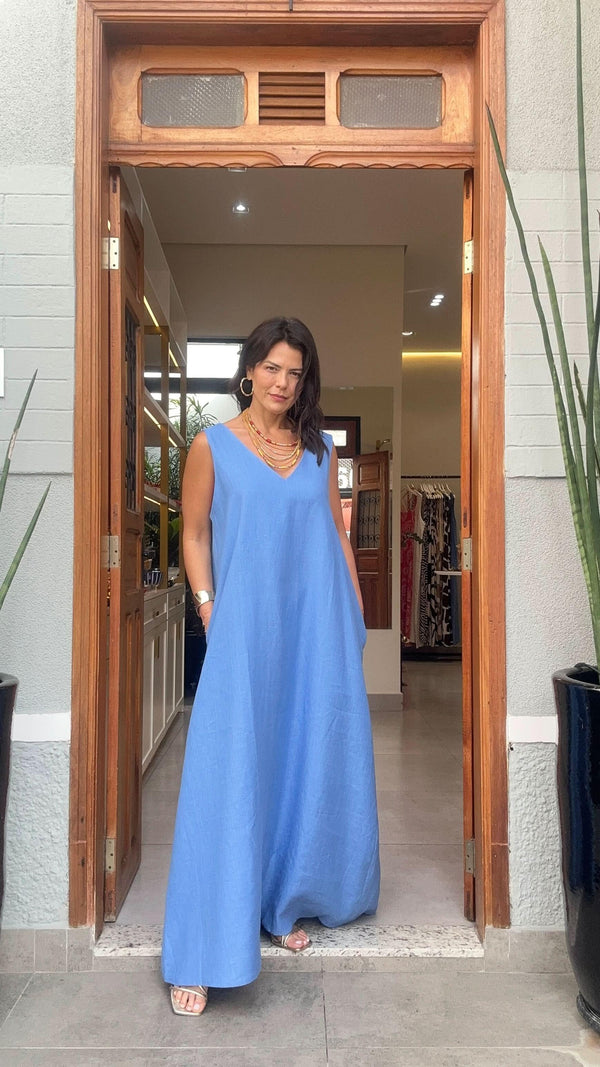 Vestido Paula Linho Azul EZILDINHA